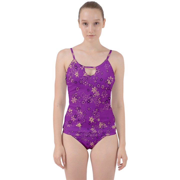 Gold Purple Floral Print Cut Out Top Tankini Set