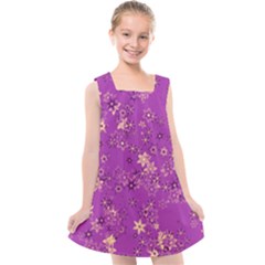 Gold Purple Floral Print Kids  Cross Back Dress by SpinnyChairDesigns