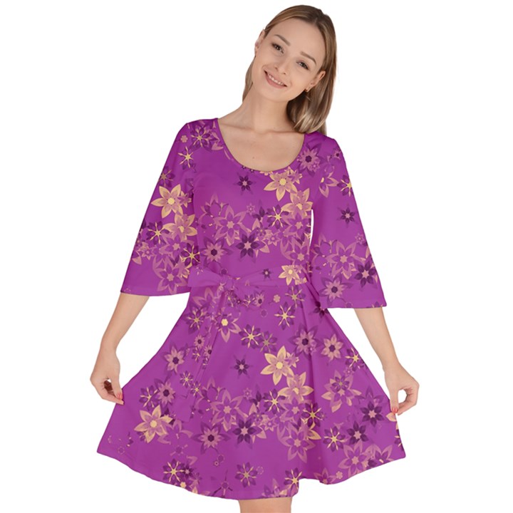 Gold Purple Floral Print Velour Kimono Dress