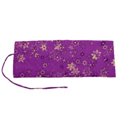 Gold Purple Floral Print Roll Up Canvas Pencil Holder (s) by SpinnyChairDesigns