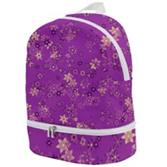 Gold Purple Floral Print Zip Bottom Backpack by SpinnyChairDesigns