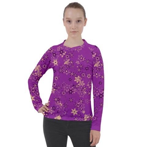 Gold Purple Floral Print Women s Pique Long Sleeve Tee by SpinnyChairDesigns