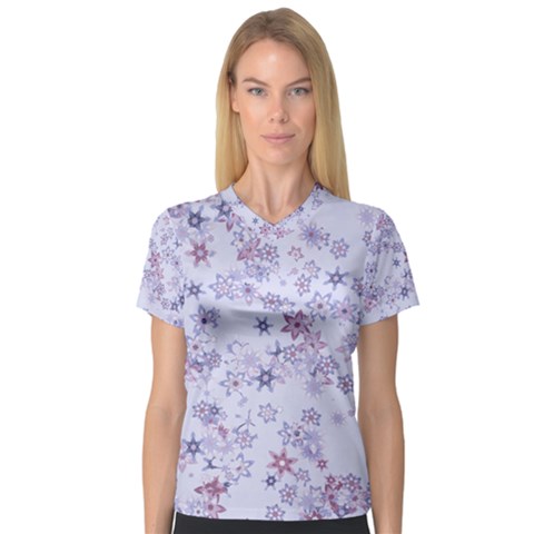 Pastel Purple Floral Pattern V-neck Sport Mesh Tee by SpinnyChairDesigns