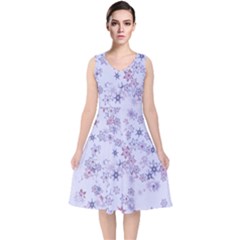 Pastel Purple Floral Pattern V-neck Midi Sleeveless Dress  by SpinnyChairDesigns