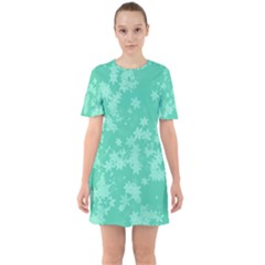 Biscay Green Floral Print Sixties Short Sleeve Mini Dress by SpinnyChairDesigns