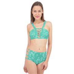 Biscay Green Floral Print Cage Up Bikini Set by SpinnyChairDesigns