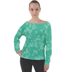 Biscay Green Floral Print Off Shoulder Long Sleeve Velour Top by SpinnyChairDesigns