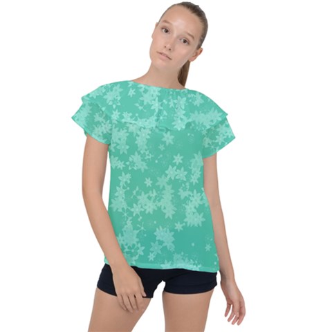 Biscay Green Floral Print Ruffle Collar Chiffon Blouse by SpinnyChairDesigns