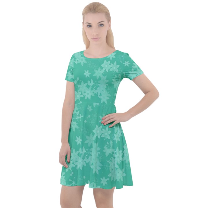 Biscay Green Floral Print Cap Sleeve Velour Dress 