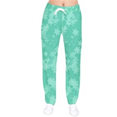 Biscay Green Floral Print Women Velvet Drawstring Pants by SpinnyChairDesigns