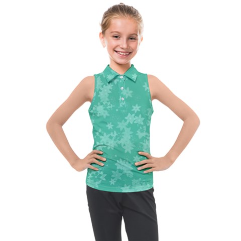 Biscay Green Floral Print Kids  Sleeveless Polo Tee by SpinnyChairDesigns