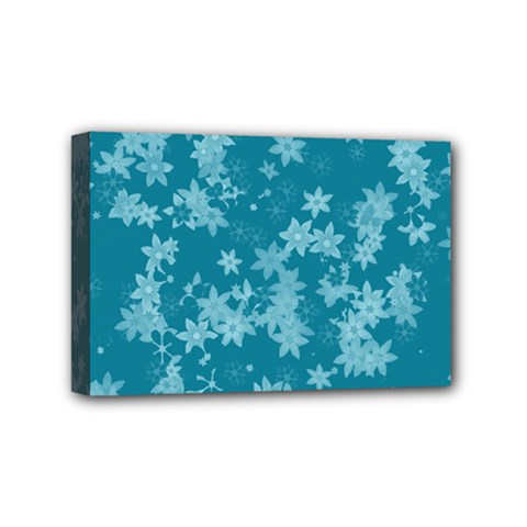 Teal Blue Floral Print Mini Canvas 6  X 4  (stretched) by SpinnyChairDesigns