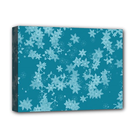 Teal Blue Floral Print Deluxe Canvas 16  X 12  (stretched)  by SpinnyChairDesigns