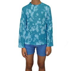 Teal Blue Floral Print Kids  Long Sleeve Swimwear by SpinnyChairDesigns