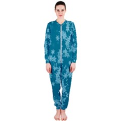 Teal Blue Floral Print Onepiece Jumpsuit (ladies)  by SpinnyChairDesigns