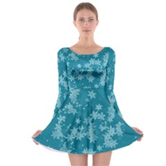 Teal Blue Floral Print Long Sleeve Skater Dress by SpinnyChairDesigns