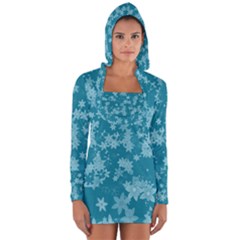 Teal Blue Floral Print Long Sleeve Hooded T-shirt by SpinnyChairDesigns