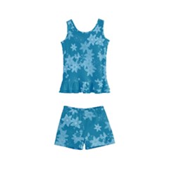 Teal Blue Floral Print Kids  Boyleg Swimsuit by SpinnyChairDesigns