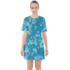 Teal Blue Floral Print Sixties Short Sleeve Mini Dress by SpinnyChairDesigns