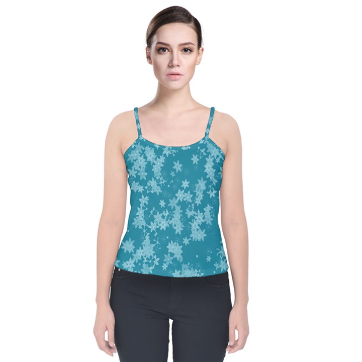 Teal Blue Floral Print Velvet Spaghetti Strap Top