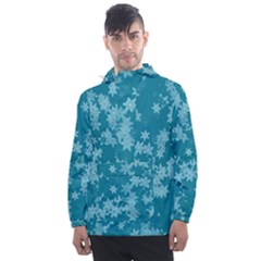 Teal Blue Floral Print Men s Front Pocket Pullover Windbreaker by SpinnyChairDesigns