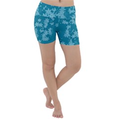 Teal Blue Floral Print Lightweight Velour Yoga Shorts by SpinnyChairDesigns