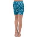 Teal Blue Floral Print Kids  Lightweight Velour Capri Yoga Leggings View4