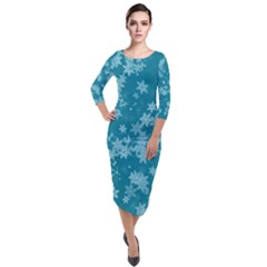 Teal Blue Floral Print Quarter Sleeve Midi Velour Bodycon Dress by SpinnyChairDesigns