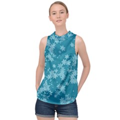 Teal Blue Floral Print High Neck Satin Top by SpinnyChairDesigns