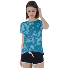 Teal Blue Floral Print Short Sleeve Foldover Tee by SpinnyChairDesigns