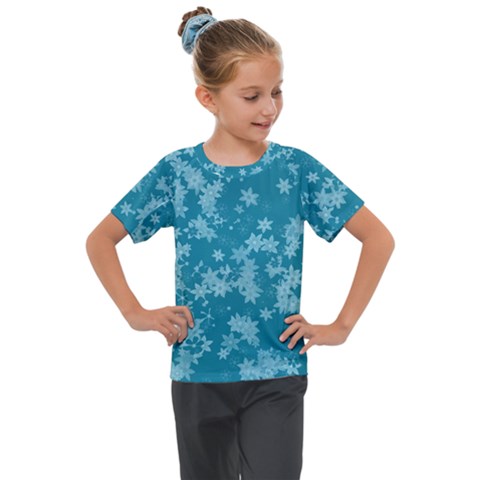 Teal Blue Floral Print Kids  Mesh Piece Tee by SpinnyChairDesigns