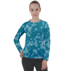 Teal Blue Floral Print Women s Long Sleeve Raglan Tee