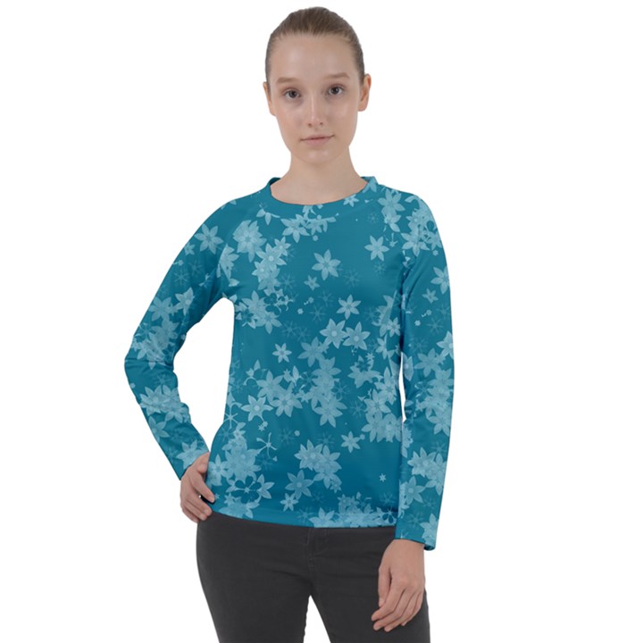 Teal Blue Floral Print Women s Long Sleeve Raglan Tee