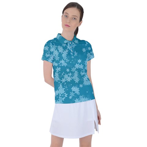 Teal Blue Floral Print Women s Polo Tee by SpinnyChairDesigns