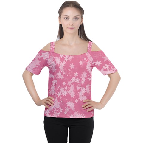 Blush Pink Floral Print Cutout Shoulder Tee by SpinnyChairDesigns