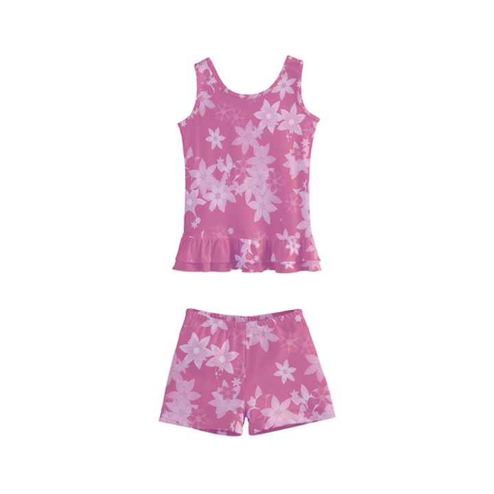 Blush Pink Floral Print Kids  Boyleg Swimsuit