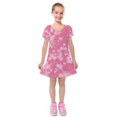 Blush Pink Floral Print Kids  Short Sleeve Velvet Dress by SpinnyChairDesigns