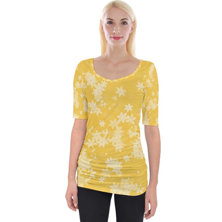 Saffron Yellow Floral Print Wide Neckline Tee