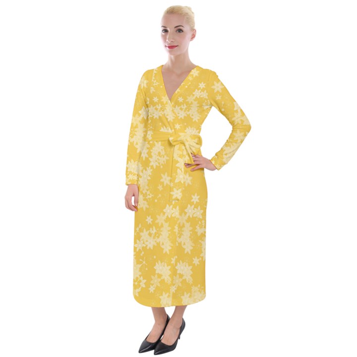 Saffron Yellow Floral Print Velvet Maxi Wrap Dress