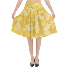 Saffron Yellow Floral Print Flared Midi Skirt by SpinnyChairDesigns