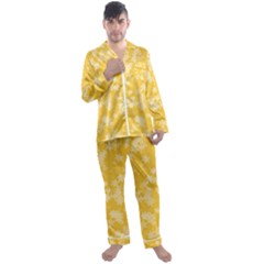 Saffron Yellow Floral Print Men s Long Sleeve Satin Pyjamas Set by SpinnyChairDesigns