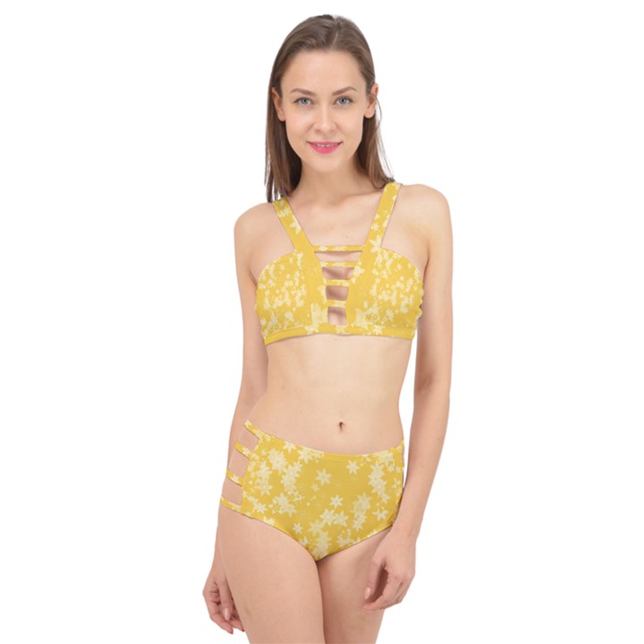 Saffron Yellow Floral Print Cage Up Bikini Set