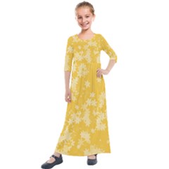 Saffron Yellow Floral Print Kids  Quarter Sleeve Maxi Dress by SpinnyChairDesigns