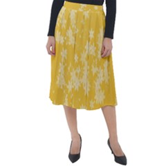 Saffron Yellow Floral Print Classic Velour Midi Skirt  by SpinnyChairDesigns