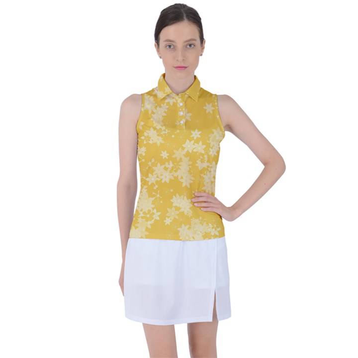 Saffron Yellow Floral Print Women s Sleeveless Polo Tee