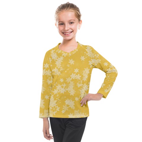 Saffron Yellow Floral Print Kids  Long Mesh Tee by SpinnyChairDesigns