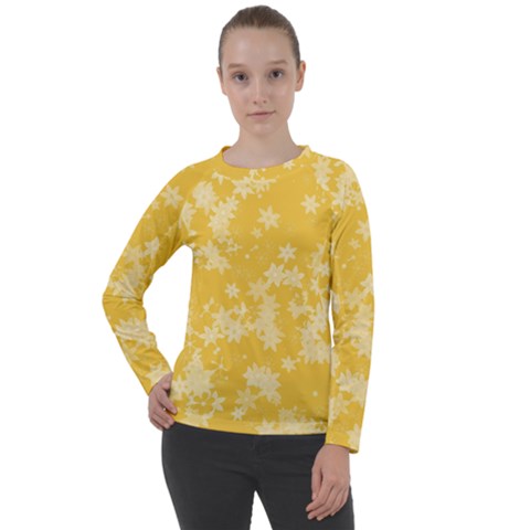 Saffron Yellow Floral Print Women s Long Sleeve Raglan Tee by SpinnyChairDesigns