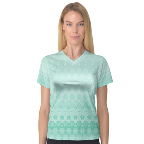 Biscay Green Floral Print V-neck Sport Mesh Tee by SpinnyChairDesigns