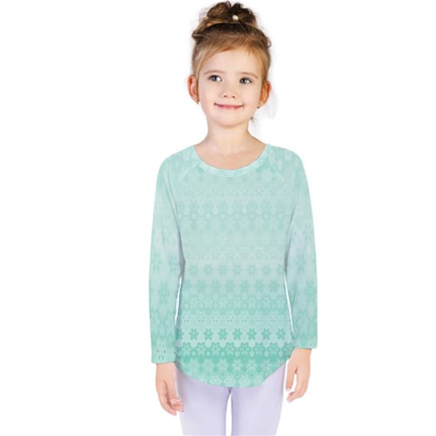 Biscay Green Floral Print Kids  Long Sleeve Tee by SpinnyChairDesigns