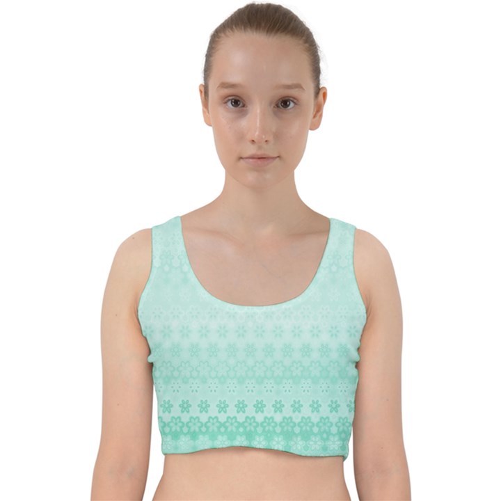 Biscay Green Floral Print Velvet Racer Back Crop Top